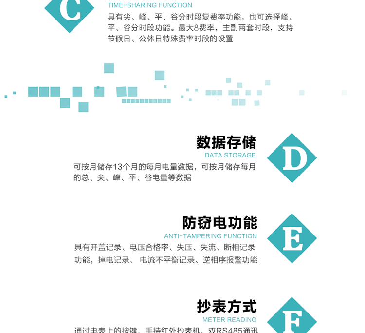 恒通國(guó)測(cè)DTSD25電能表主要特點(diǎn)
　　計(jì)量功能價(jià)值(敏感度高，計(jì)量精準(zhǔn))
　　此款電表計(jì)量模塊標(biāo)準(zhǔn)要比簡(jiǎn)單電子式電能表高，是計(jì)量利益保證的關(guān)鍵部分。微弱電流也能計(jì)量，避免少收電費(fèi)。計(jì)量分辨率最小可達(dá)到0.1W。
　　計(jì)量穩(wěn)定價(jià)值
　　計(jì)量穩(wěn)定價(jià)值防止計(jì)量損失，無(wú)功電量可計(jì)入有功電量，簡(jiǎn)單電子式電能表無(wú)此功能。收電費(fèi)的用戶，可選擇無(wú)功電量可計(jì)入有功，抵消供電公司對(duì)您的無(wú)功考核費(fèi)用。
　　抄數(shù)據(jù)功能
　　通過(guò)手持紅外抄表機(jī)，可讀取電表的各項(xiàng)數(shù)據(jù)，包括每月、每小時(shí)、每分鐘數(shù)據(jù)。
　　通過(guò)電表上的按鍵，可在液晶屏上面查詢到電表的每月的用電數(shù)據(jù)。
　　通過(guò)RS-485通訊抄表，可抄讀各項(xiàng)電量數(shù)據(jù)，測(cè)量參數(shù)和統(tǒng)計(jì)負(fù)荷曲線數(shù)據(jù)。
　　防盜電功能
　　用戶如非法取掉或截?cái)嚯妷骸㈦娏鹘泳€，電表會(huì)發(fā)出報(bào)警信號(hào)，直到用戶恢復(fù)正常用電。