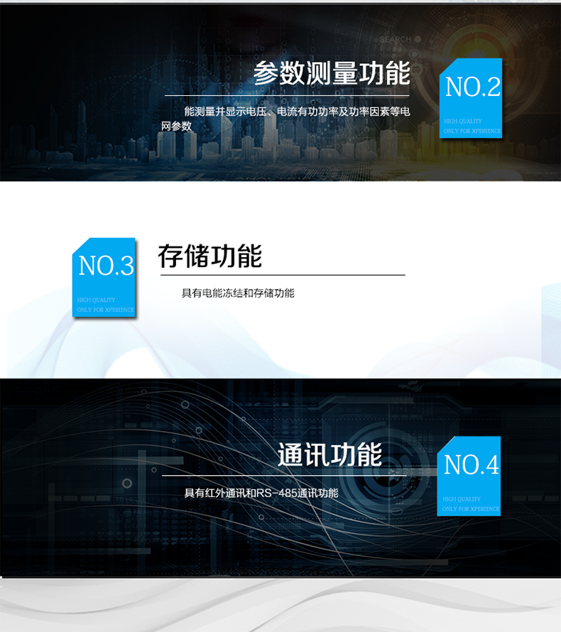 海興DTS208三相三線電能表主要功能
　　計(jì)量功能
　　具有有功電能量、無功電能量計(jì)量功能;具有計(jì)量分相有功電能量功能。
　　分時(shí)計(jì)量功能
　  支持尖、峰、平、谷四個(gè)費(fèi)率;內(nèi)置兩套時(shí)區(qū)表、兩套日時(shí)段表，可以按需編程配置,并可設(shè)定兩套時(shí)區(qū)表切換時(shí)間和兩套日時(shí)段表切換時(shí)間，實(shí)現(xiàn)相互切換;每套費(fèi)率時(shí)段可設(shè)置14個(gè)時(shí)區(qū)、8個(gè)日時(shí)段表、4個(gè)費(fèi)率(尖、峰、平、谷)，每個(gè)日時(shí)段表可設(shè)置14個(gè)時(shí)段，時(shí)段可以跨越零點(diǎn)設(shè)置;支持公休日設(shè)置，可設(shè)置254個(gè)節(jié)假日。
　　測(cè)量功能
　　能測(cè)量電壓、電流、有功功率、無功功率、視在功率以及功率因數(shù)等電網(wǎng)參數(shù)，并具有最大需量測(cè)量功能。測(cè)量準(zhǔn)確度高，可以達(dá)到0.5級(jí)以內(nèi)標(biāo)準(zhǔn)。
　　數(shù)據(jù)存儲(chǔ)功能
　　電量可存儲(chǔ)當(dāng)前及上12個(gè)結(jié)算日的歷史數(shù)據(jù);支持多種凍結(jié)方式，包括：日凍結(jié)、整點(diǎn)凍結(jié)、定時(shí)凍結(jié)、瞬時(shí)凍結(jié)、約定凍結(jié)。
　　事件記錄功能
　　分別記錄最近10次掉電、編程、校時(shí)、開表蓋、跳閘、合閘、事件清零、電表清零。
　　通信功能
　　具備1路遠(yuǎn)紅外通訊接口、2路RS-485通訊接口，三路通訊端口互相獨(dú)立。通訊規(guī)約符合DL/T645-2007及其備案文件。
　　費(fèi)控功能
　　內(nèi)置繼電器可選配，支持遠(yuǎn)程拉合閘控制功能，對(duì)用戶進(jìn)行遠(yuǎn)程通斷電控制。
　　用戶交互界面
　　采用大屏幕液晶顯示，提供豐富的圖形或文字提示信息;顯示內(nèi)容可通過按鍵循環(huán)查詢，顯示項(xiàng)目可通過通信口按需配置;提供液晶背光，方便查看。支持停電喚醒功能，能通過按鍵或非接觸方式喚醒電能表，實(shí)現(xiàn)屏幕顯示抄讀電量和紅外通信口抄讀電量等數(shù)據(jù)。