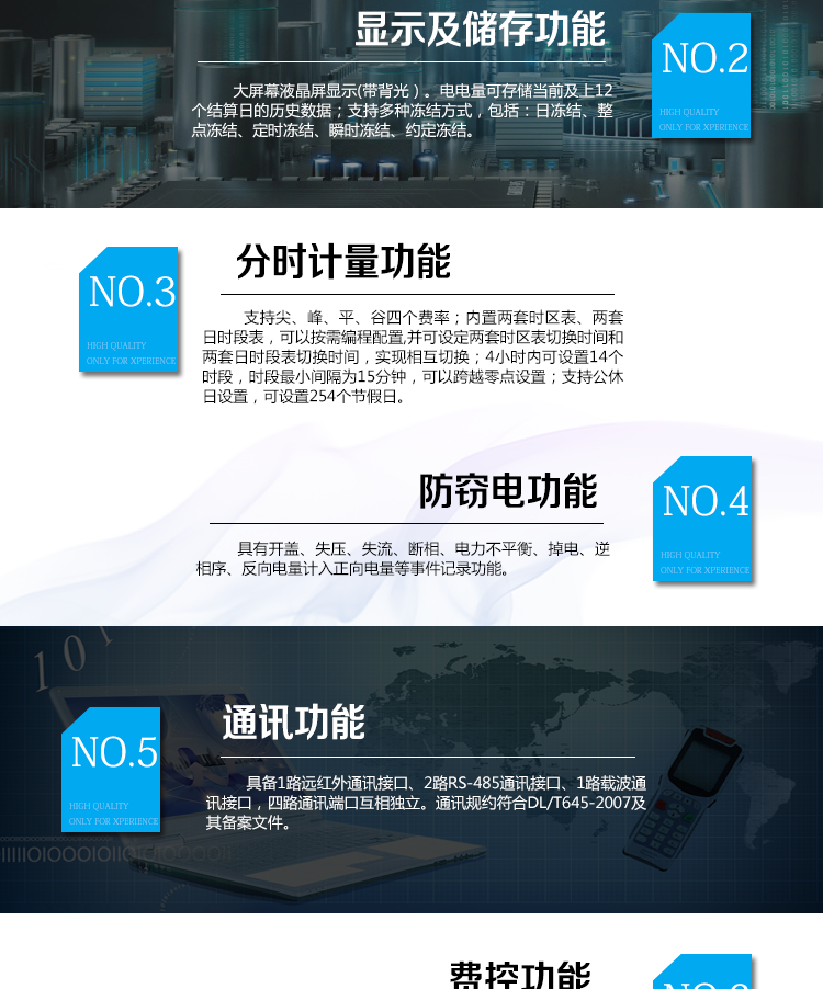 海興DTSI208三相四線電能表主要功能

　　計量功能
　　具有有功電能量、無功電能量計量功能;具有計量分相有功電能量功能。
　　分時計量功能
　　支持尖、峰、平、谷四個費率;內置兩套時區表、兩套日時段表，可以按需編程配置,并可設定兩套時區表切換時間和兩套日時段表切換時間，實現相互切換;每套費率時段可設置14個時區、8個日時段表、4個費率(尖、峰、平、谷)，每個日時段表可設置14個時段，時段可以跨越零點設置;支持公休日設置，可設置254個節假日。
　　測量功能
　　能測量電壓、電流、有功功率、無功功率、視在功率以及功率因數等電網參數，并具有最大需量測量功能。測量準確度高，可以達到0.5級以內標準。
　　數據存儲功能
　　電量可存儲當前及上12個結算日的歷史數據;支持多種凍結方式，包括：日凍結、整點凍結、定時凍結、瞬時凍結、約定凍結。
　　事件記錄功能
　　分別記錄最近10次掉電、編程、校時、開表蓋、跳閘、合閘、事件清零、電表清零。
　　通信功能
　　具備1路遠紅外通訊接口、2路RS-485通訊接口、1路載波通訊接口，四路通訊端口互相獨立。通訊規約符合DL/T645-2007及其備案文件。
　　費控功能
　　內置繼電器可選配，支持遠程拉合閘控制功能，對用戶進行遠程通斷電控制。
　　用戶交互界面
　　采用大屏幕液晶顯示，提供豐富的圖形或文字提示信息;顯示內容可通過按鍵循環查詢，顯示項目可通過通信口按需配置;提供液晶背光，方便查看。支持停電喚醒功能，能通過按鍵或非接觸方式喚醒電能表，實現屏幕顯示抄讀電量和紅外通信口抄讀電量等數據。
