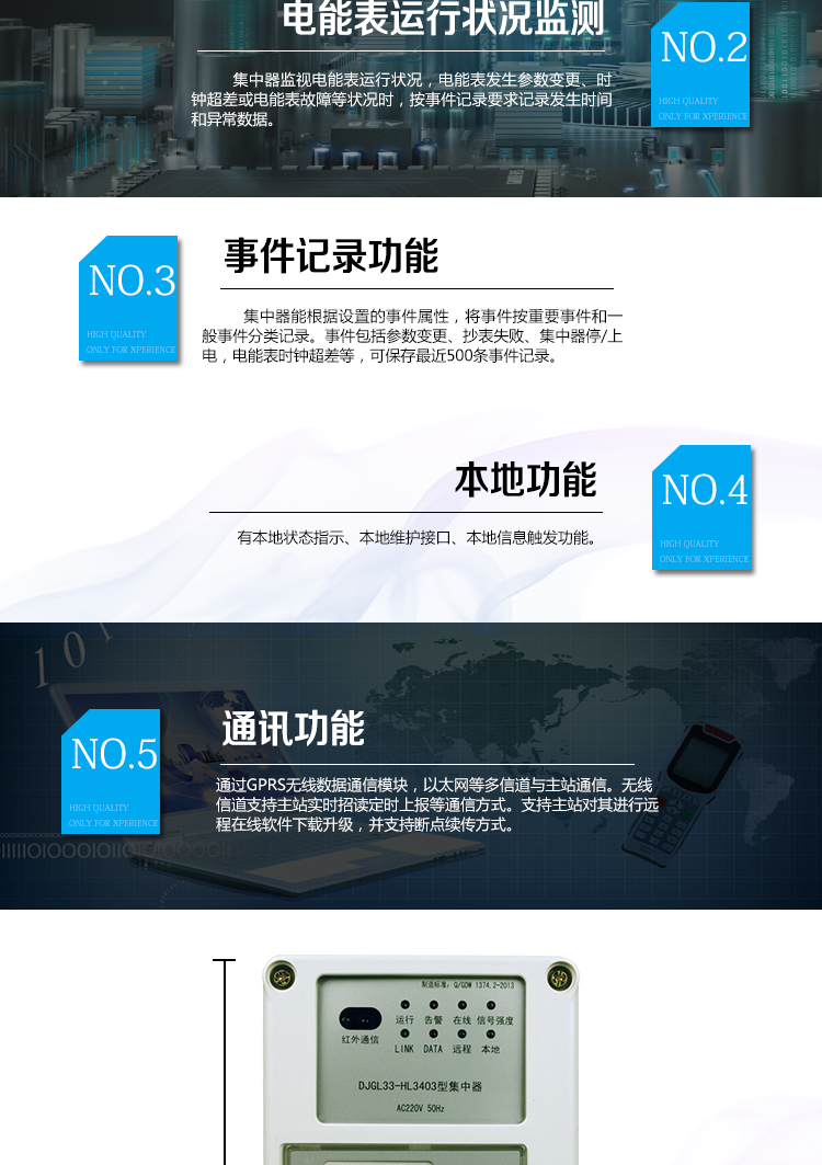 華立DJGL33-HL3403微型集中器主要功能
　　數(shù)據(jù)采集：能采集各電能表的實(shí)時(shí)電能示值、日零點(diǎn)凍結(jié)電能示值、抄表日零點(diǎn)凍結(jié)電能示值。帶有時(shí)標(biāo)。
　　數(shù)據(jù)管理和存儲(chǔ)：能按要求對(duì)采集數(shù)據(jù)進(jìn)行分類存儲(chǔ)，如日凍結(jié)數(shù)據(jù)、抄表日凍結(jié)數(shù)據(jù)、曲線數(shù)據(jù)、歷史月數(shù)據(jù)等。曲線凍結(jié)數(shù)據(jù)密度為1小時(shí)。集中器抄表數(shù)量最大為192只。集中器存儲(chǔ)容量為32M。
　　電能表運(yùn)行狀況監(jiān)測(cè)：集中器監(jiān)視電能表運(yùn)行狀況，電能表發(fā)生參數(shù)變更、時(shí)鐘超差或電能表故障等狀況時(shí)，按事件記錄要求記錄發(fā)生時(shí)間和異常數(shù)據(jù)。
　　參數(shù)設(shè)置和查詢功能：可主站遠(yuǎn)程或手持設(shè)備本地設(shè)置和查詢檔案、通信參數(shù)等，
　　事件記錄：集中器能根據(jù)設(shè)置的事件屬性，將事件按重要事件和一般事件分類記錄。事件包括參數(shù)變更、抄表失敗、集中器停/上電，電能表時(shí)鐘超差等，可保存最近500條事件記錄。
　　本地功能：有本地狀態(tài)指示、本地維護(hù)接口、本地信息觸發(fā)功能
　　通訊功能：通過GPRS無(wú)線數(shù)據(jù)通信模塊，以太網(wǎng)等多信道與主站通信。無(wú)線信道支持主站實(shí)時(shí)招讀、定時(shí)上報(bào)等通信方式。支持主站對(duì)其進(jìn)行遠(yuǎn)程在線軟件下載升級(jí)，并支持?jǐn)帱c(diǎn)續(xù)傳方式。