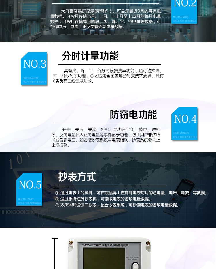 2、防竊電功能
① 開蓋記錄功能，防止非法更改電路。
② 電壓合格率、失壓記錄功能，防止用戶非法取掉或截斷電壓接線，如已發(fā)生，可通過記錄的時間核算所損失的電量，為追補電量提供依據(jù)。
③ 失流、斷相記錄功能，防止用戶非法短接電流接線，如已發(fā)生，可通過記錄的時間核算所損失的電量，為追補電量提供依據(jù)。
④ 電流不平衡記錄：可警惕用戶在電表接線的前端截取電量。
⑤ 掉電記錄功能，防止用戶非法取下電表的工作電源，如已發(fā)生，可通過記錄的時間核算所損失的電量，為追補電量提供依據(jù)。
⑥ 反向電量計入正向電量，用戶如將電流線接反，電表照樣正向走字，不具有竊電作用。
⑦ 逆相序報警，用戶非法接線，電表會報警，除非把線接正確，否則一直報警。
以上情況如發(fā)出，電表會出現(xiàn)報警標志，如安裝抄表系統(tǒng)與電表相聯(lián)，抄表系統(tǒng)會馬上出現(xiàn)報警。