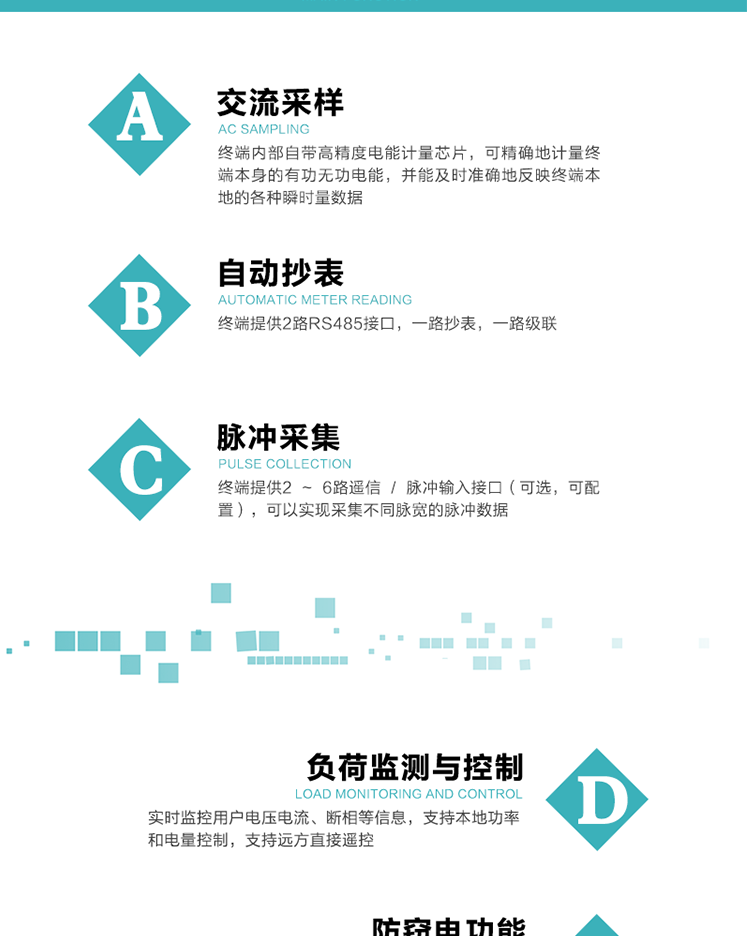 功能及特點：
1、交流采樣, 終端內部自帶高精度電能計量芯片，可精確地計量終端本身的有功無功電能，并能及時準確地反映終端本地的各種瞬時量數(shù)據(jù)。
2、自動抄表，終端提供2路RS485接口，一路抄表，一路級聯(lián)
3、脈沖采集，終端提供2 ~ 6路遙信 / 脈沖輸入接口（可選，可配置），可以實現(xiàn)采集不同脈寬的脈沖數(shù)據(jù)
4、負荷監(jiān)測與控制，實時監(jiān)控用戶電壓電流、斷相等信息，支持本地功率和電量控制，支持遠方直接遙控