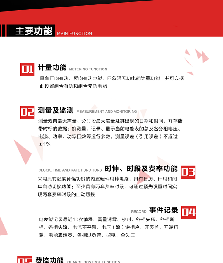 主要功能
1. 　電能計(jì)量
具有正向有功、反向有功電能、四象限無功電能計(jì)量功能，并可以據(jù)此設(shè)置組合有功和組合無功電能。
2. 　需量計(jì)量
測量雙向最大需量、分時段最大需量及其出現(xiàn)的日期和時間，并存儲帶時標(biāo)的數(shù)據(jù)。
3. 　測量及監(jiān)測
能測量、記錄、顯示當(dāng)前電能表的總及各分相電壓、電流、功率、功率因數(shù)等運(yùn)行參數(shù)。測量誤差（引用誤差）不超過±1%。
4. 　時鐘、時段及費(fèi)率功能
采用具有溫度補(bǔ)償功能的內(nèi)置硬件時鐘電路，具有日歷、計(jì)時和閏年自動切換功能。內(nèi)部時鐘端子輸出頻率為1Hz。至少具有兩套費(fèi)率時段，可通過預(yù)先設(shè)置時間實(shí)現(xiàn)兩套費(fèi)率時段的自動切換。每套費(fèi)率時段全年至少可設(shè)置2個時區(qū)，24小時內(nèi)至少可以設(shè)置8個時段，時段最小間隔為15分鐘，并且時段間隔大于表內(nèi)設(shè)定的需量周期值，時段可跨越零點(diǎn)設(shè)置。
5. 　費(fèi)控功能 
電能表費(fèi)控功能的實(shí)現(xiàn)方式通過公網(wǎng)等虛擬介質(zhì)和遠(yuǎn)程售電系統(tǒng)實(shí)現(xiàn)。
6. 　無線通信
通過無線通信與主站通信。支持在安全認(rèn)證前提下，通過無線網(wǎng)絡(luò)信道修改費(fèi)率時段表及電價。
7. 　事件記錄
電表能記錄最近10次編程、需量清零、校時、各相失壓、各相斷相、各相失流、電流不平衡、電壓（流）逆相序、開表蓋、開端鈕蓋、電能表清零、各相過負(fù)荷、掉電、全失壓。
8. 　凍結(jié)
具有定時凍結(jié)、瞬時凍結(jié)、約定凍結(jié)和日凍結(jié)功能。
9.　 負(fù)荷記錄
記錄正反向有功總電能、無功總電能、四象限無功總電能、組合有功、組合無功1、組合無功2，負(fù)荷記錄間隔時間可以在1～60min范圍內(nèi)設(shè)置，時間間隔為1min的情況下可記錄不少于40天的數(shù)據(jù)容量。
10. 　停電抄表
在停電狀態(tài)下，能通過按鍵或非接觸方式喚醒電能表，抄讀電能量等數(shù)據(jù)。
11. 擴(kuò)展功能
計(jì)量視在電能、諧波電壓、電流、電量的監(jiān)測、電能質(zhì)量監(jiān)測和計(jì)算鐵損、銅損。 