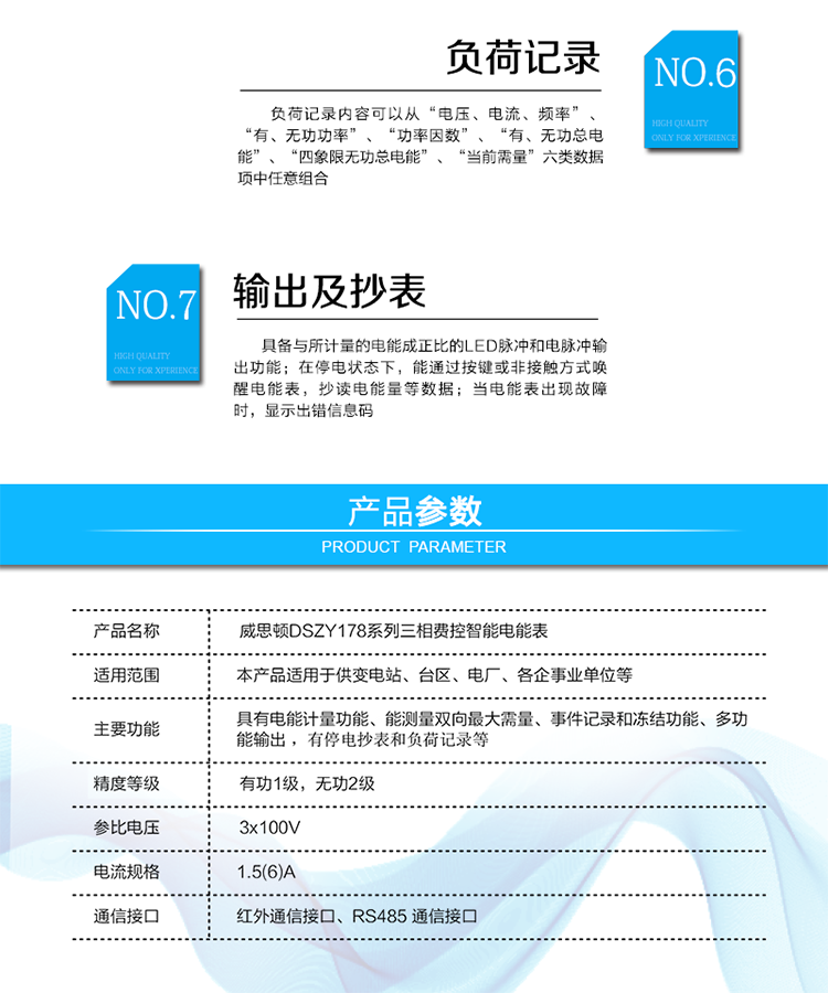 主要功能
計量功能
具有正、反向有功電能、四象限無功電能計量功能；具有分時計量功能；具有計量分相有功電能量功能；能存儲12個結算日電量數據。
測量及監測
能測量雙向最大需量、分時段最大需量及其出現的日期和時間；
能測量當前電能表的電壓、電流、功率、功率因數等運行參數。
事件記錄
記錄最近10次編程、需量清零、校時、各相失壓、各相斷相、各相失流、各相過負荷、電流不平衡、電壓（流）逆相序、開表蓋、開端鈕蓋、全失壓、掉電、遠程控制拉閘、遠程控制合閘等事件。
顯示功能
高對比度、寬視角、帶背光的LCD（數值顯示位數8）。
報警功能
當電能表出現故障時，顯示出錯信息碼。
凍結功能
支持定時凍結、瞬時凍結、約定凍結、日凍結、整點凍結等。
計時功能
采用具有溫度補償功能的內置硬件時鐘電路，具有日歷、計時、閏年自動轉換功能。
脈沖輸出
具備與所計量的電能成正比的LED脈沖和電脈沖輸出功能。
負荷記錄
負荷記錄內容可以從“電壓、電流、頻率”、“有、無功功率”、“功率因數”、“有、無功總電能”、“四象限無功總電能”、“當前需量”六類數據項中任意組合。
停電抄表
在停電狀態下，能通過按鍵或非接觸方式喚醒電能表，抄讀電能量等數據。
費控功能
通過RS485和遠程售電系統實現費控功能。通過嚴格的密碼驗證或ESAM模塊等安全認證，確保數據傳輸安全可靠。