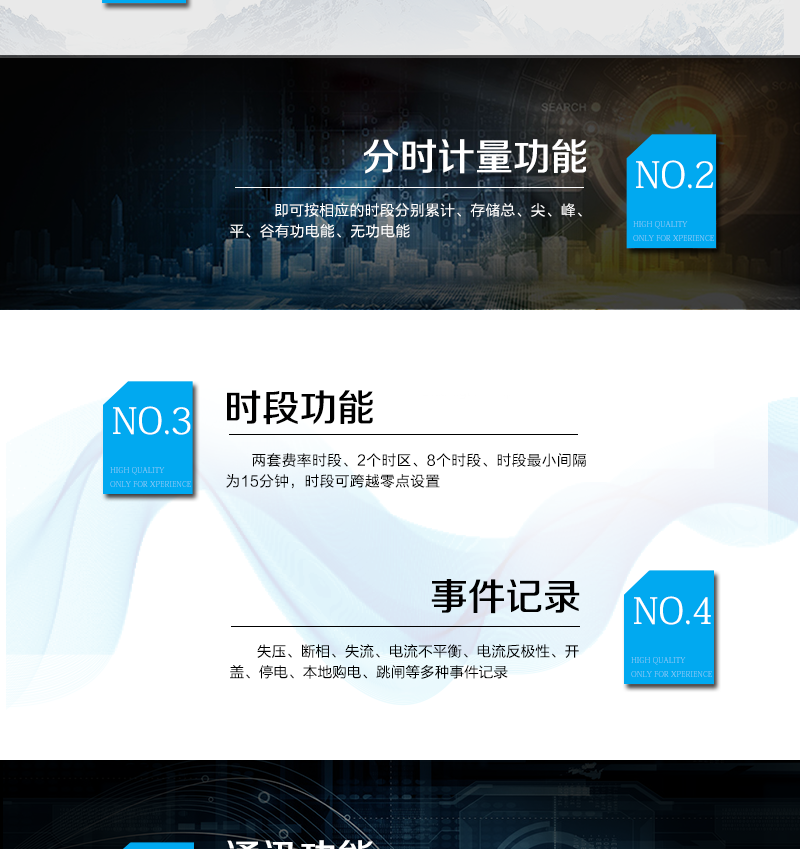 主要功能特點(diǎn)
　　A.正向有功、反向有功電能、四象限無(wú)功電能計(jì)量功能，并可以據(jù)此設(shè)置組合有功和組合無(wú)功電能。
　　B.分時(shí)計(jì)量功能，即可按相應(yīng)的時(shí)段分別累計(jì)、存儲(chǔ)總、尖、峰、平、谷有功電能、無(wú)功電能;
　　C.兩套費(fèi)率時(shí)段、2個(gè)時(shí)區(qū)、8個(gè)時(shí)段、時(shí)段最小間隔為15分鐘，時(shí)段可跨越零點(diǎn)設(shè)置;
　　D.失壓、斷相、失流、電流不平衡、電流反極性、開(kāi)蓋、停電、本地購(gòu)電、跳閘等多種事件記錄;
　　E.內(nèi)置(或外置)繼電器，先付費(fèi)后用電，欠費(fèi)本地自動(dòng)跳閘;
　　F.遠(yuǎn)程通訊，可通過(guò)SMS、GPRS、Etheme等多種方式與后臺(tái)系統(tǒng)實(shí)現(xiàn)數(shù)據(jù)交互，支持TCP、UDP協(xié)議;
　　G.遠(yuǎn)程抄表，能抄錄外接電表正、反向有功電量、四象限無(wú)功、電壓、電流等瞬時(shí)量數(shù)據(jù)，支持實(shí)時(shí)抄表、定時(shí)任務(wù)抄表、主站輪召同時(shí)支持多種電表通訊規(guī)約;